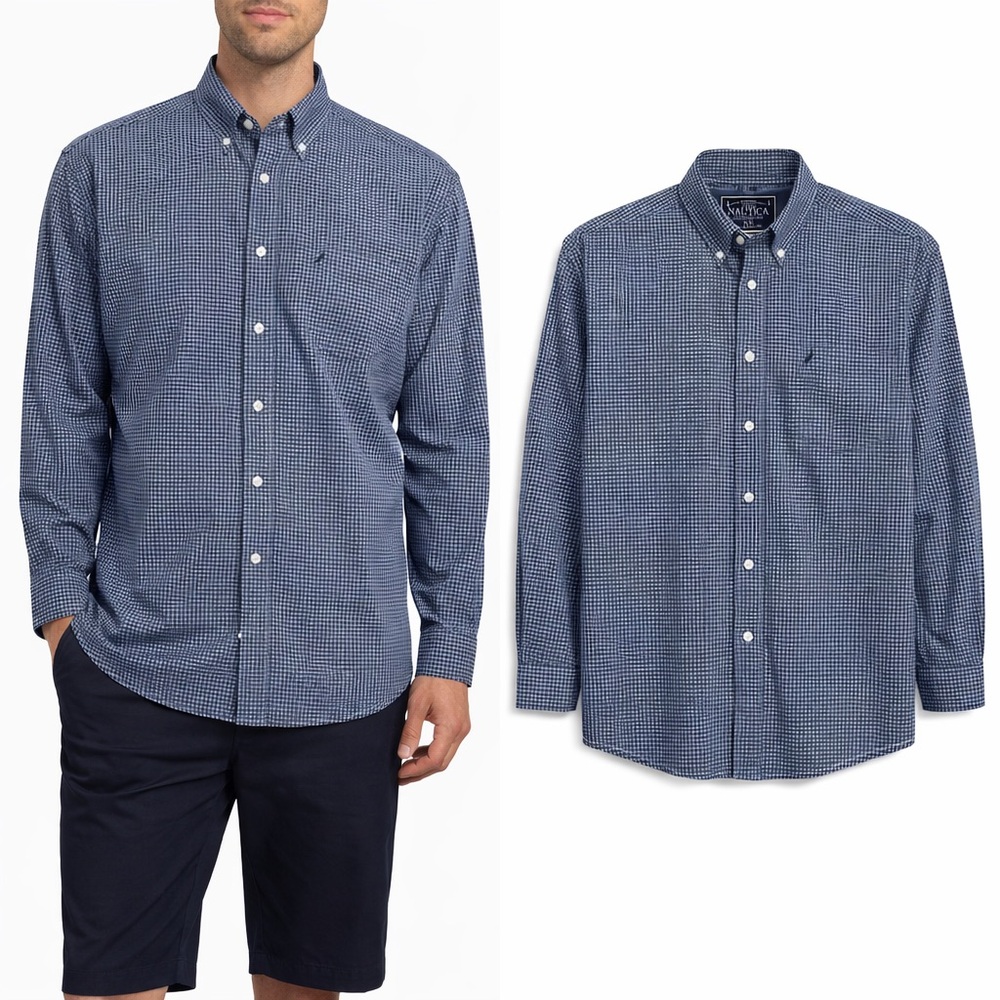 Nautica‎ Mens XL Button Down Shirt Blue White Micro Check Cotton Long Sleeve XL